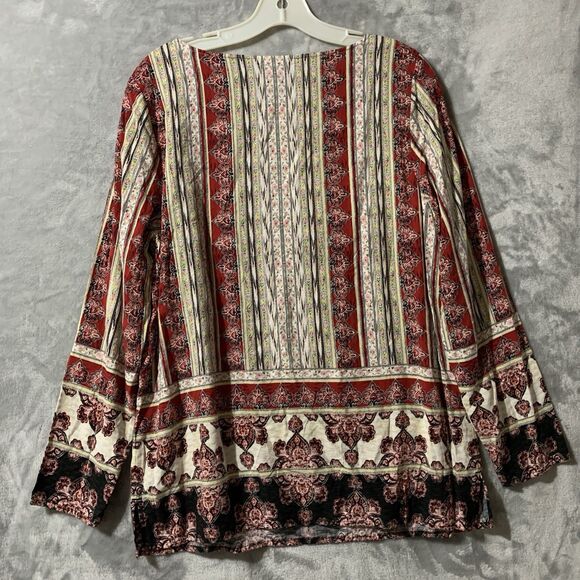 J Jill Top Women's Tunic Size Medium Red Tan 100% Rayon Long Sleeve Boho Flowy - Picture 3 of 13